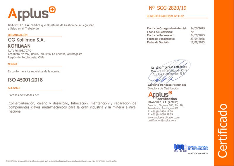 CG Kofilman S.A. 的 ISO 45001:2018 证书，由 Applus+ 签发，编号 SGG-2820/19，适用范围为金属机械制造、维护与维修
