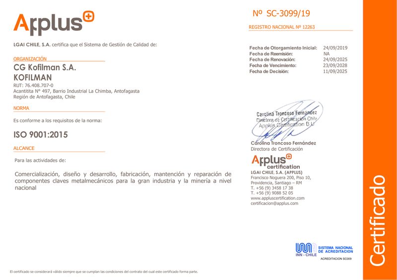 CG Kofilman S.A. 的 ISO 9001:2015 证书，由 Applus+ 签发，编号 SC-3099/19，适用范围为金属机械制造、维护与维修