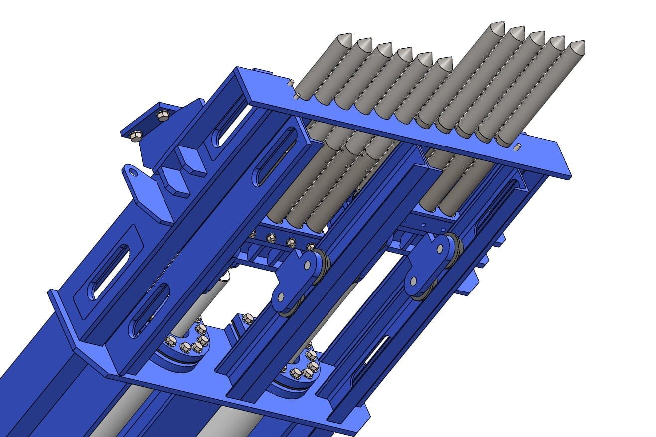 Detalle del modelo 3D: guías, vástagos y accionamiento