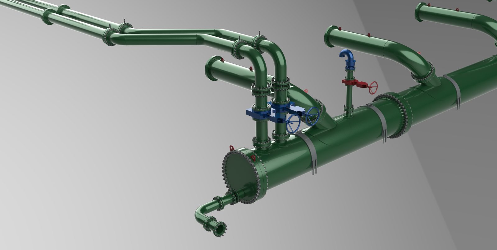 Modelo 3D de ingeniería del manifold con sus derivaciones, válvulas e instrumentación