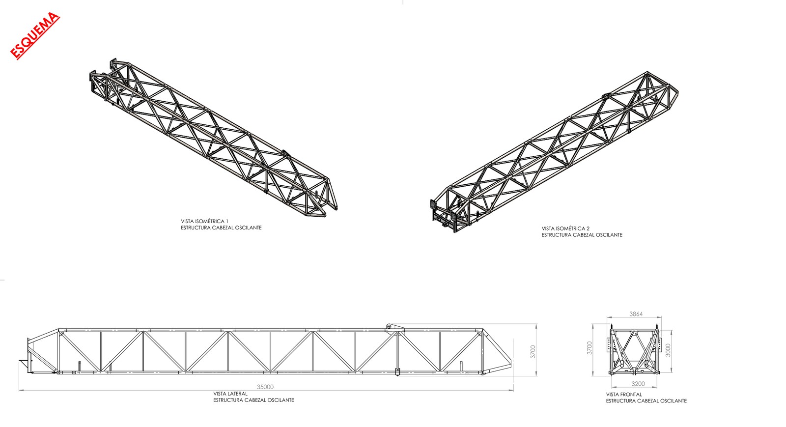 Plano de fabricación del cabezal oscilante del shiploader: vistas isométricas, lateral y frontal de la cercha de 35 metros