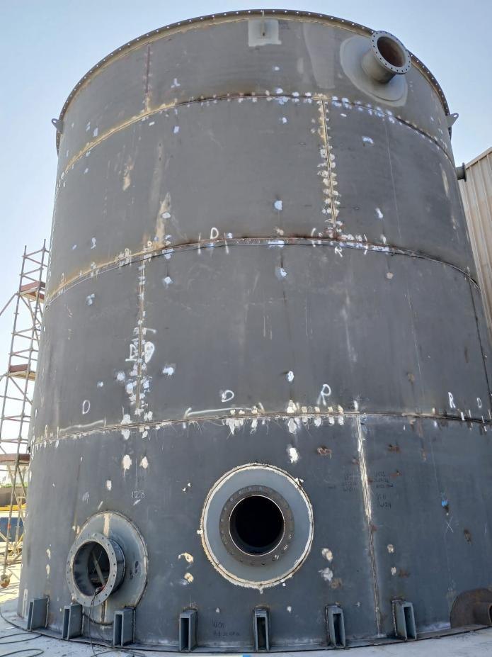 The tank assembled to full height, with the flanged nozzles and bottom brackets fitted