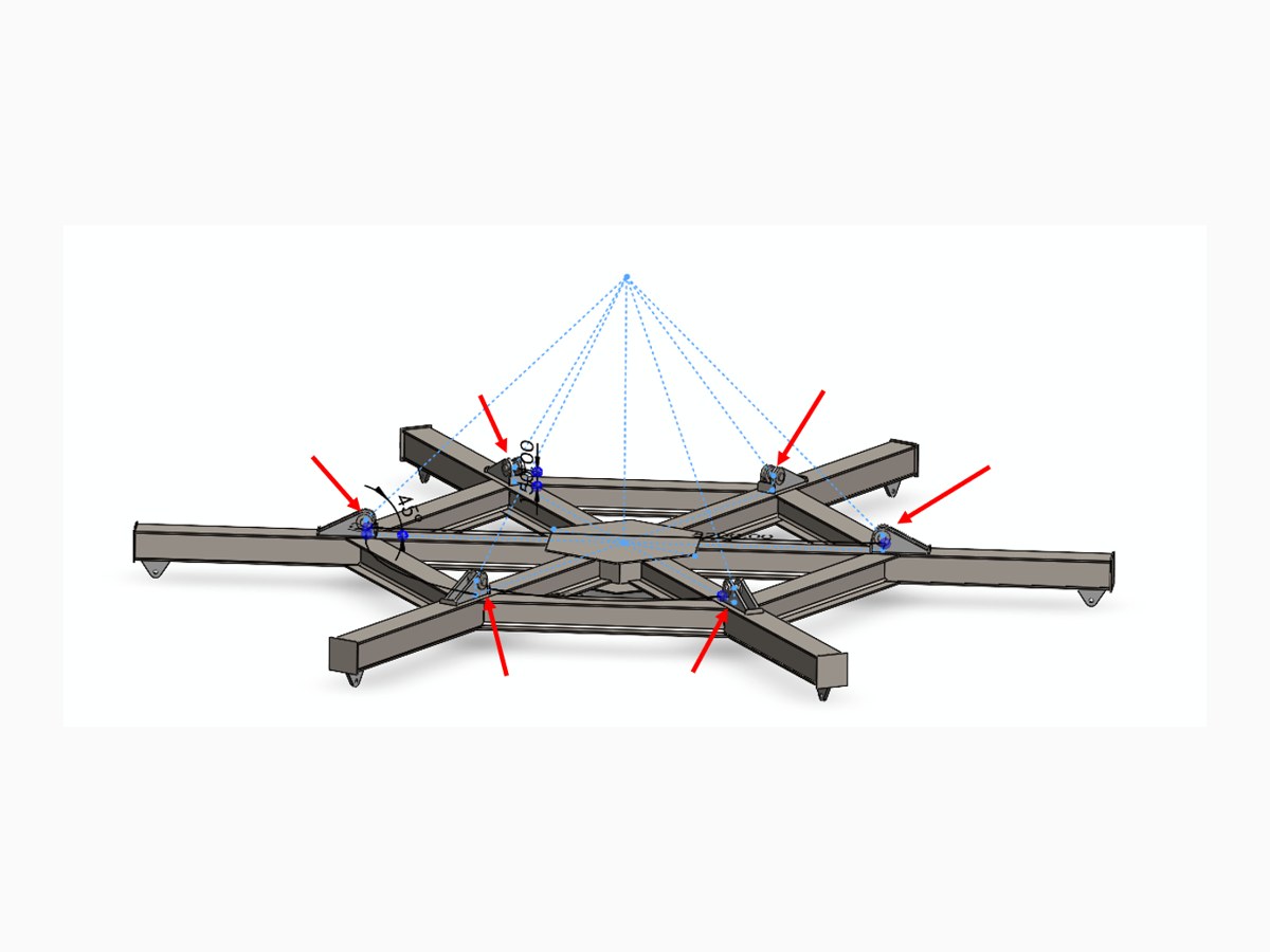 Modelo CAD del yugo de izaje de seis brazos con el esquema de eslingas a 45 grados