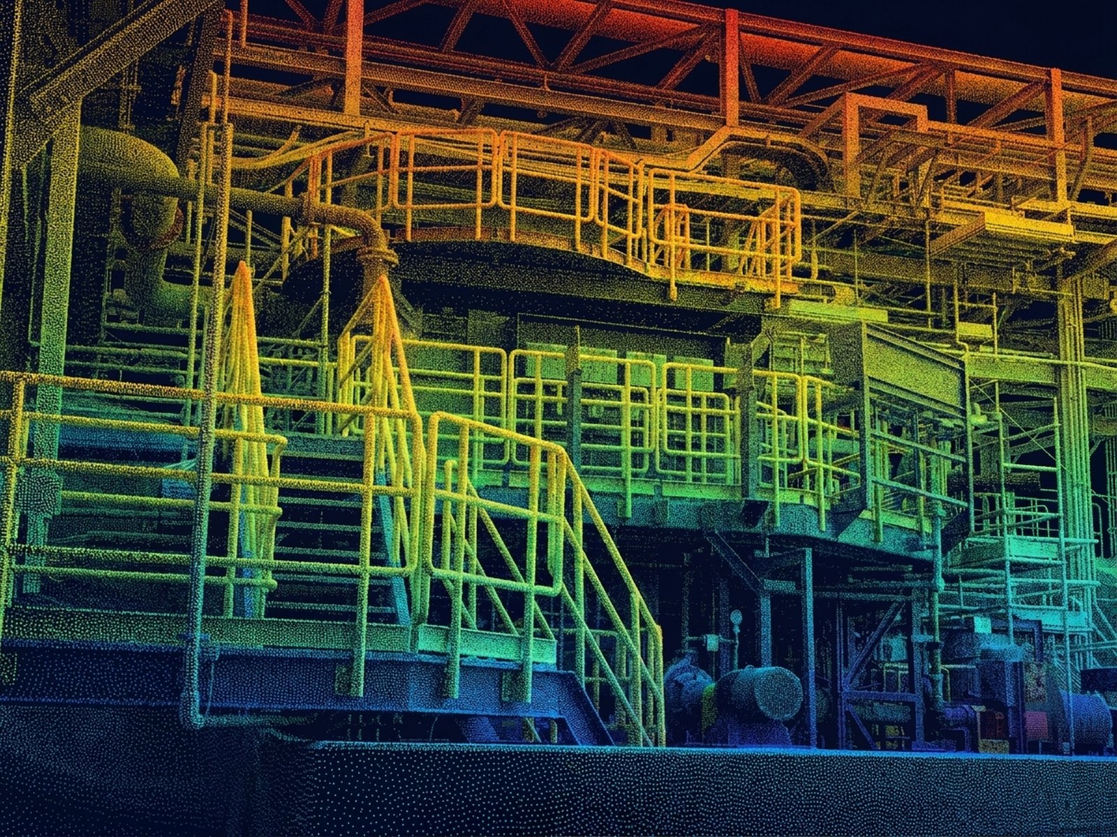Nube de puntos del escaneo original de la faena, antes de fabricar el estanque y el piping de proceso