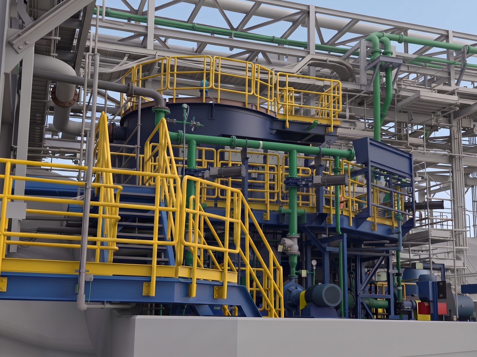 Modelo 3D del estanque 13K con piping y plataformas