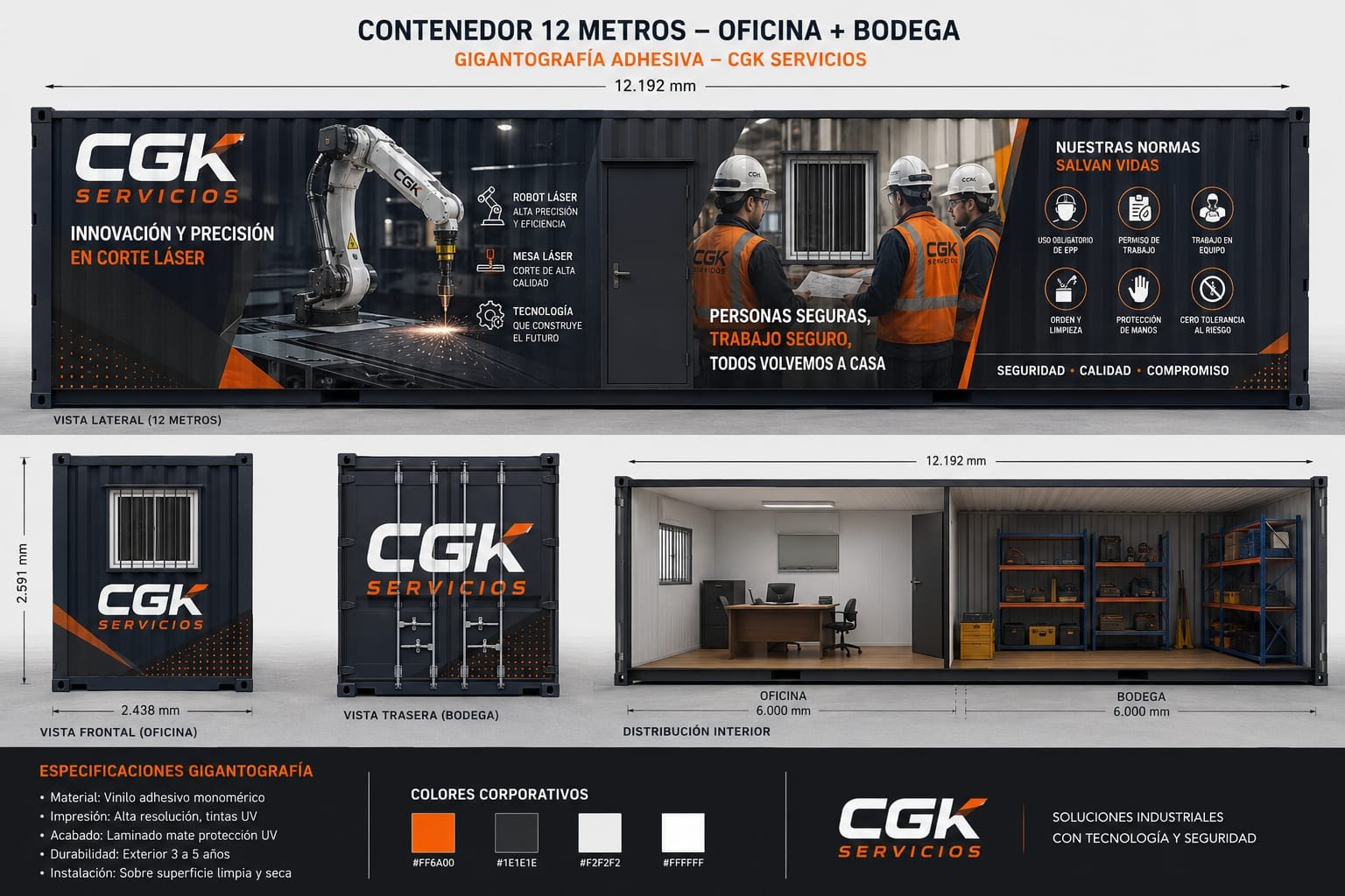 Lámina técnica de la unidad modular CGK Servicios: contenedor de 12 metros con gigantografía corporativa, vista lateral, frontal, trasera y distribución interior de oficina y bodega
