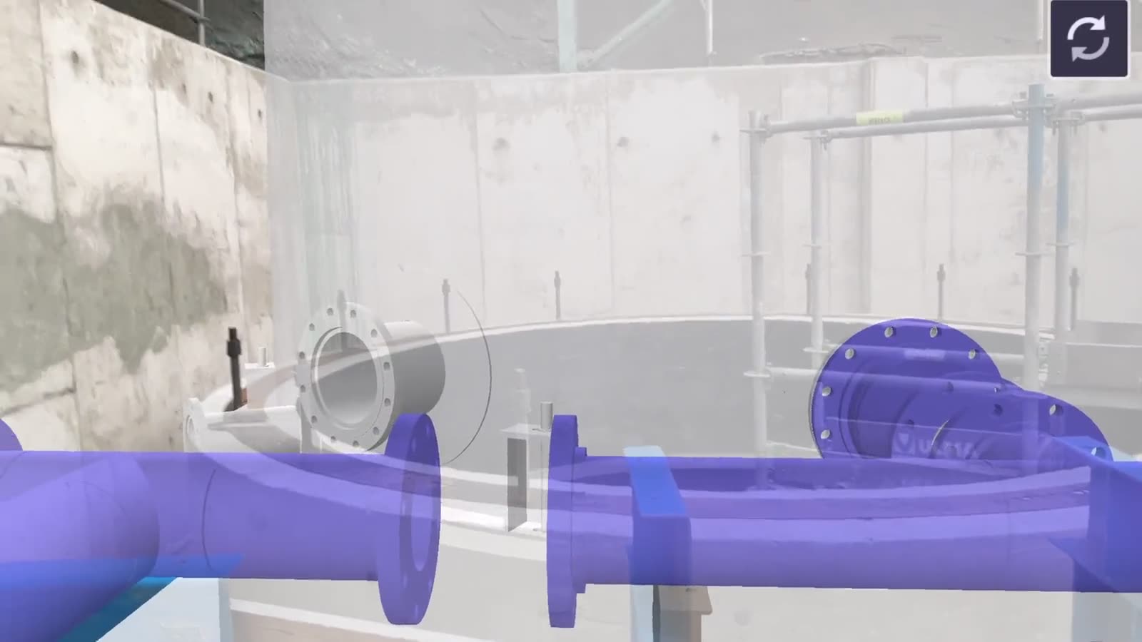 Modelo 3D de ductería superpuesto en realidad aumentada sobre una faena minera real